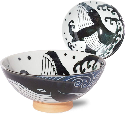 Minorutouki Rice Bowl Extra Large White Wave Whale Blue φ5.8×H2.6in 7.76oz Made in Japan