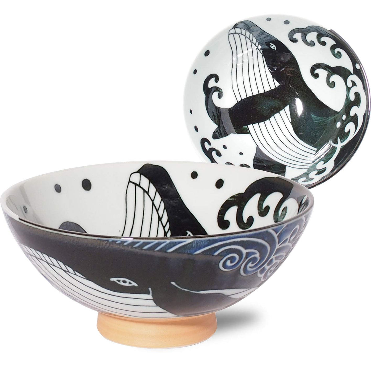 Minorutouki Rice Bowl Extra Large White Wave Whale Blue φ5.8×H2.6in 7.76oz Made in Japan