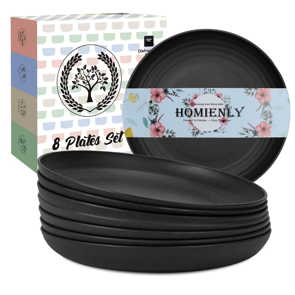 Homienly Deep Dinner Plates Set of 8 Alternative for Plastic Plates Microwave and Dishwasher Safe Wheat Straw Plates for Kitchen Unbreakable Kids Plate Set with 4 Colors (Classic Bright, 9 inch)