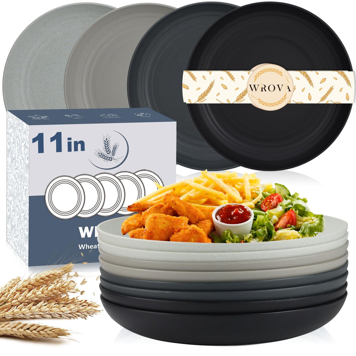 Wrova Large Wheat Straw Dinner Plates - 11 Inch Unbreakable Set of 8 - Dishwasher & Microwave Safe, Deep Edge for Kitchen and Camping (Black)