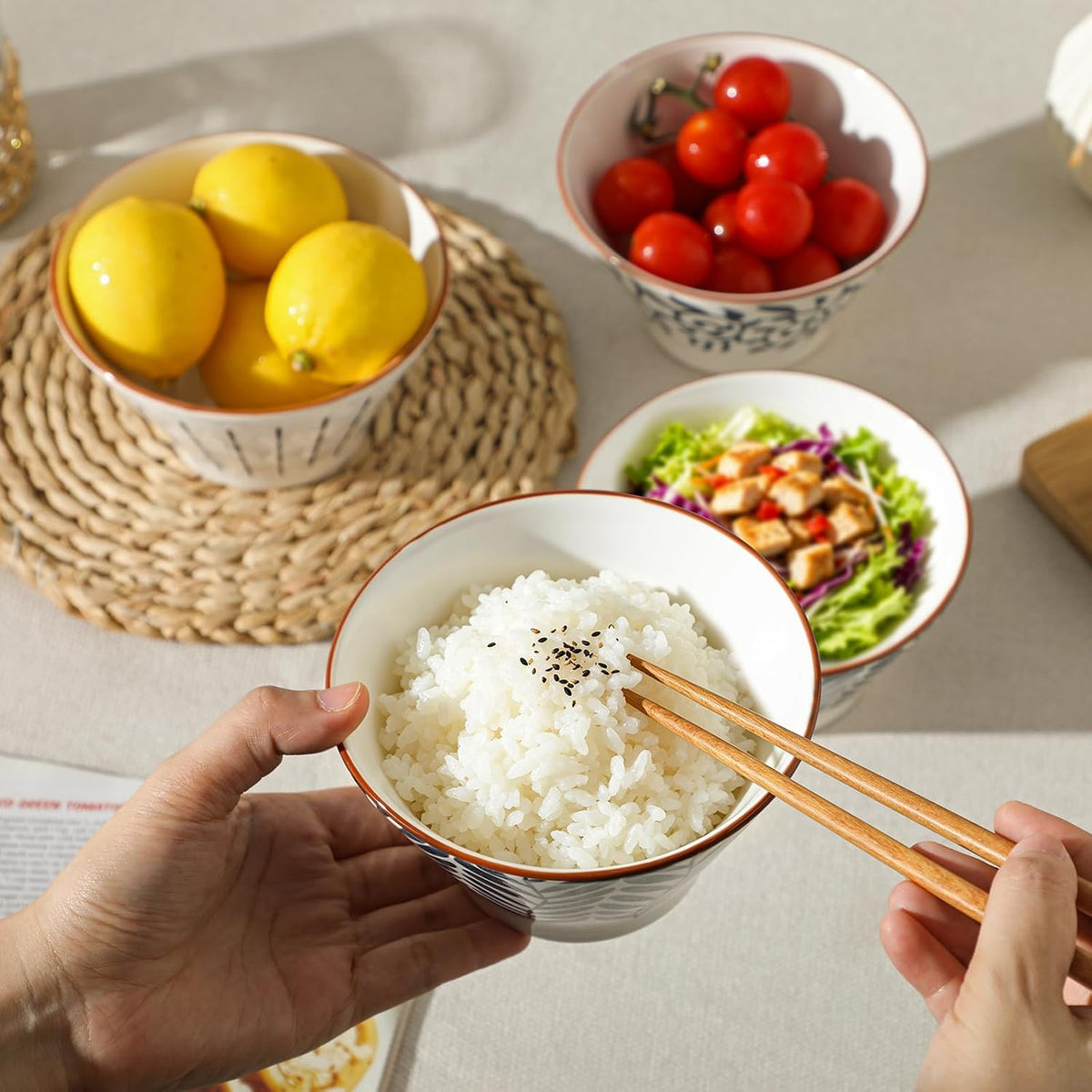 Rice Bowls,14oz Ceramic Bowl Set for 6,Miso Soup Bowls,Cute Bowls,Serving Bowls for Soup,Dessert,Snack,Fruit (Blue&White
