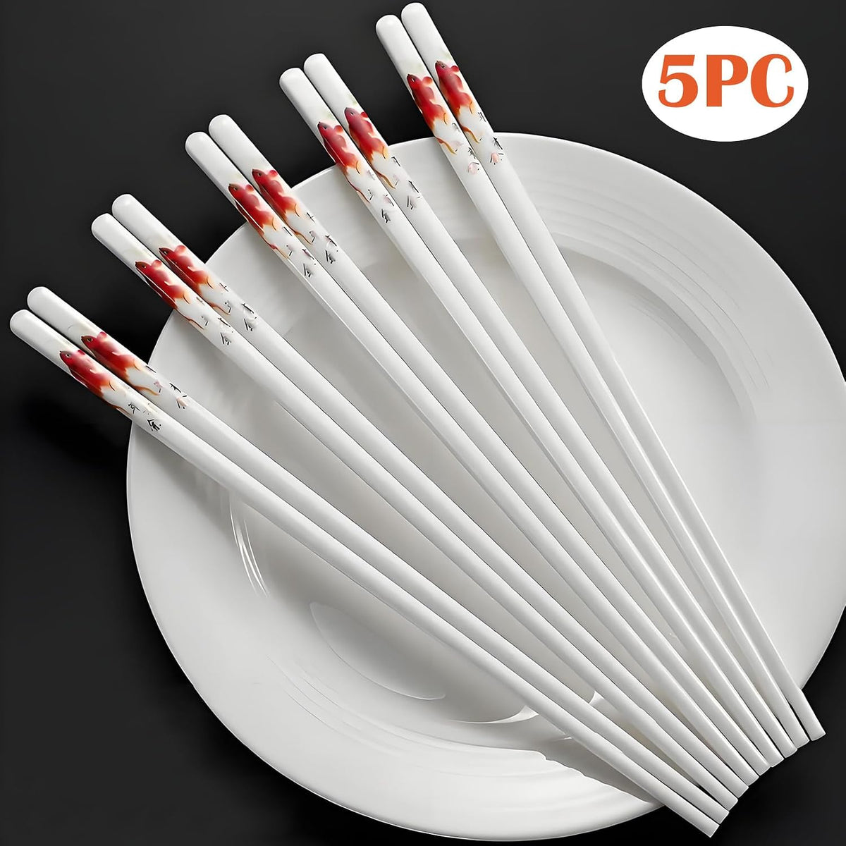 Ceramic Chopsticks Reusable,5 Pairs Porcelain Chop sticks,Red Fish,9.7''