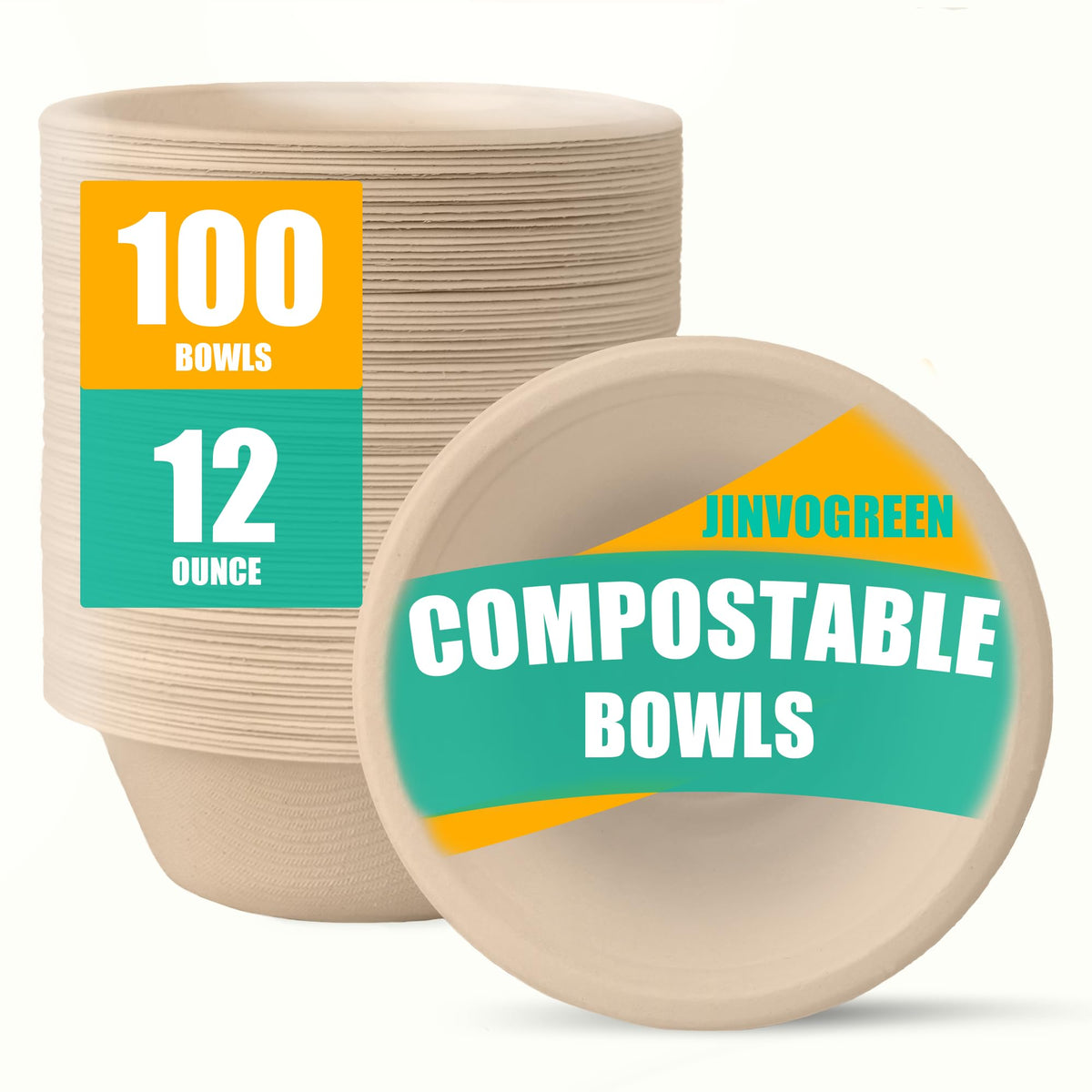 JINVOGREEN Paper Bowls, 500 Count 12 oz Compostable Paper Bowls Bulk, White