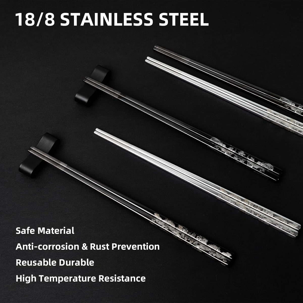 Dragon & Phoenix Black Stainless Steel Chopsticks, 2 Pairs