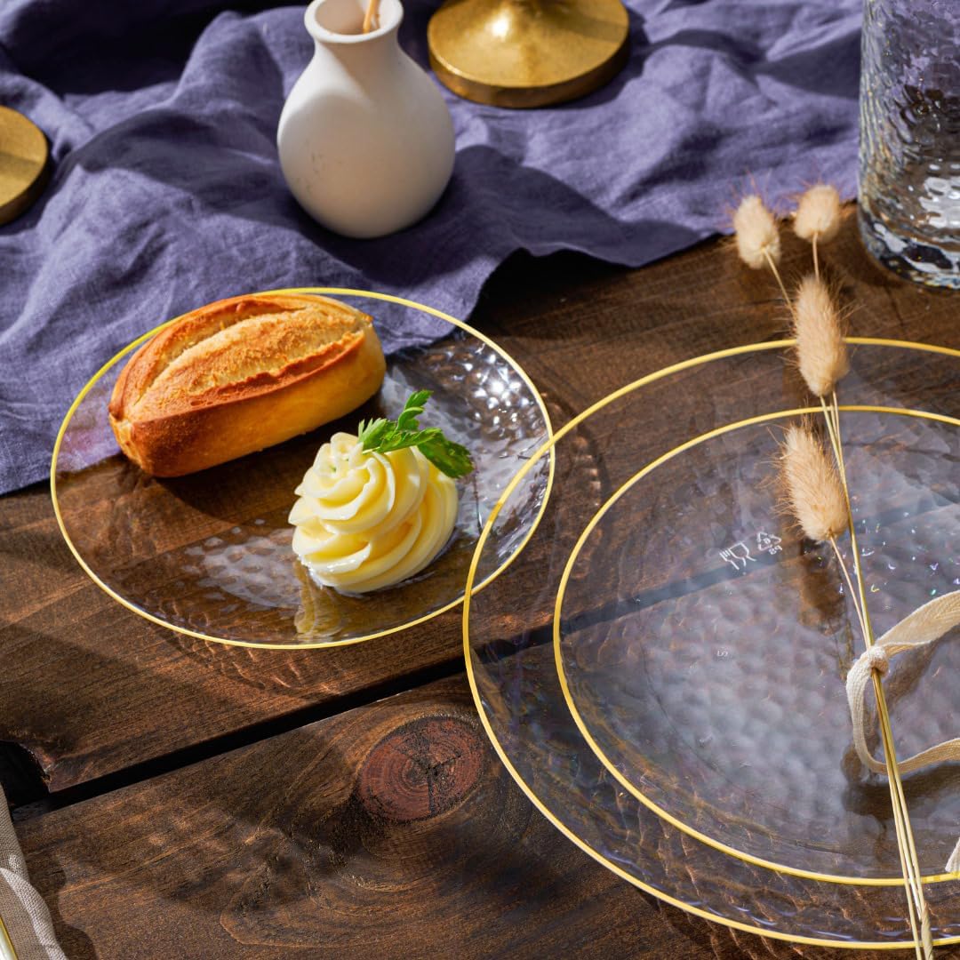 R-kay 100 Pack 7 Inch Clear Plastic Plates - Hammered Gold Rimmed Sturdy, Durable And Extra Heavy duty Gold Plastic Dessert, Appetizer Plates Disposable For All Occasions