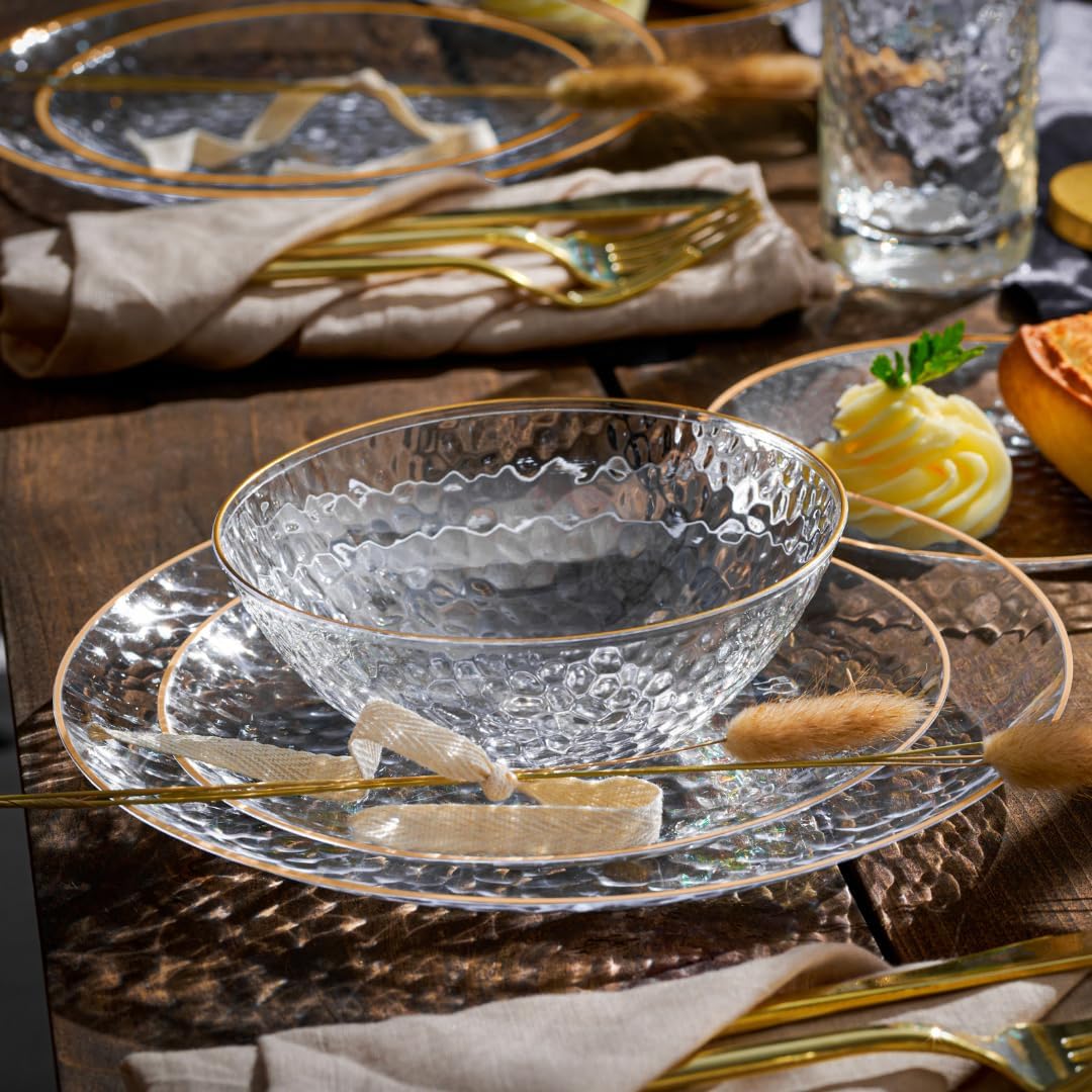 R-kay 100 Pack 7 Inch Clear Plastic Plates - Hammered Gold Rimmed Sturdy, Durable And Extra Heavy duty Gold Plastic Dessert, Appetizer Plates Disposable For All Occasions
