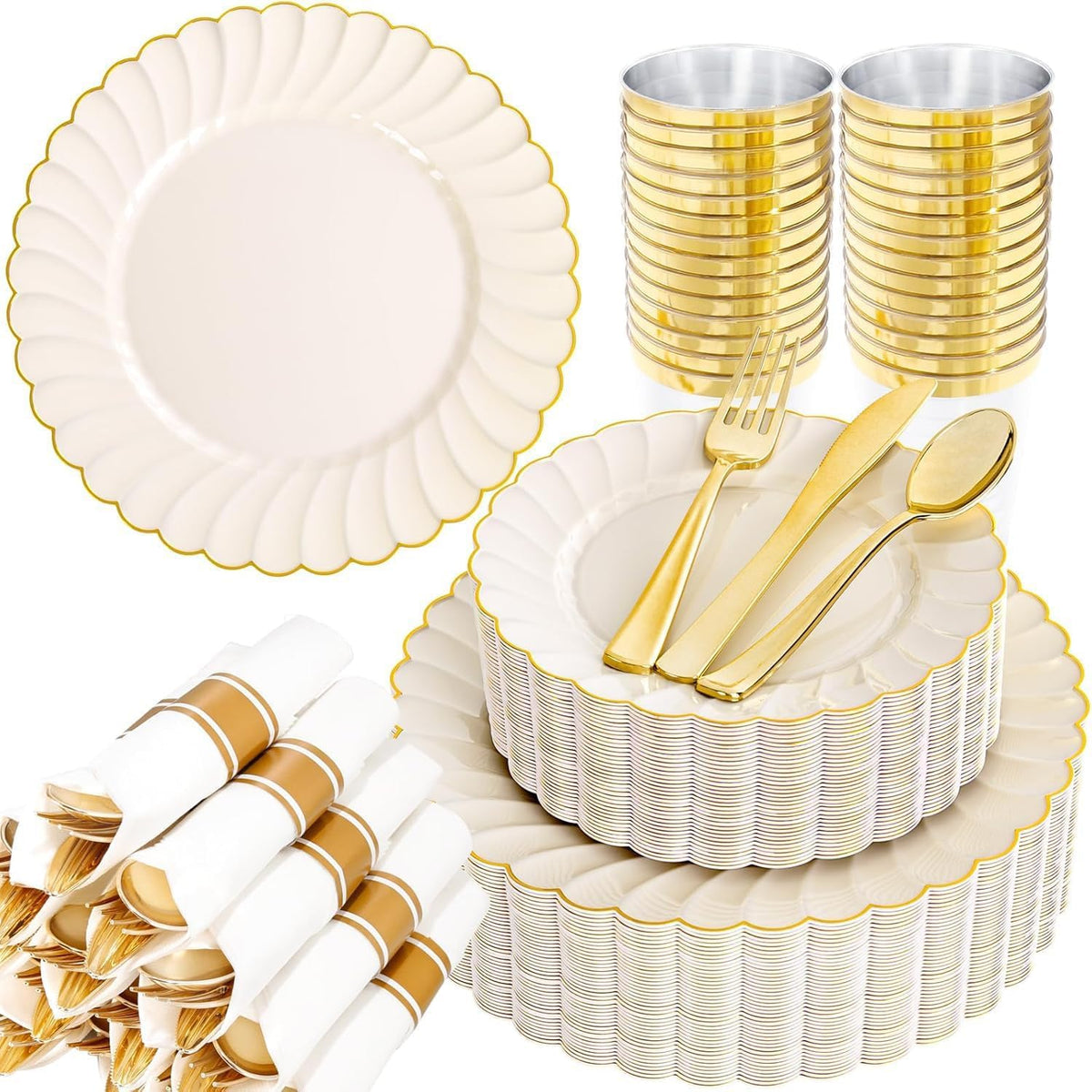 YOUBET 350PCS Ivory Scalloped Plastic Plates for Wedding Party