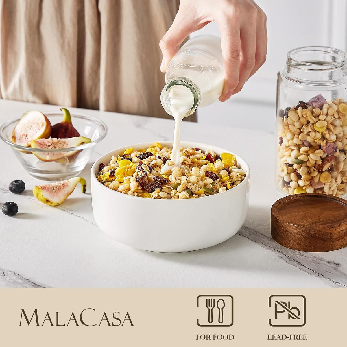 MALACASA 24 OZ Cereal Bowls Set of 6, Ceramic Soup Oatmeal Bowls, White