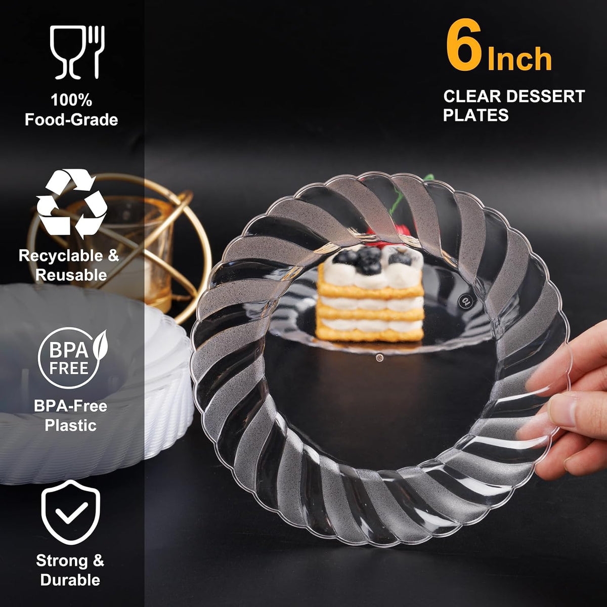U-QE 100 Pieces Clear Plastic Plates, 6 Inch Plastic Dessert Plates