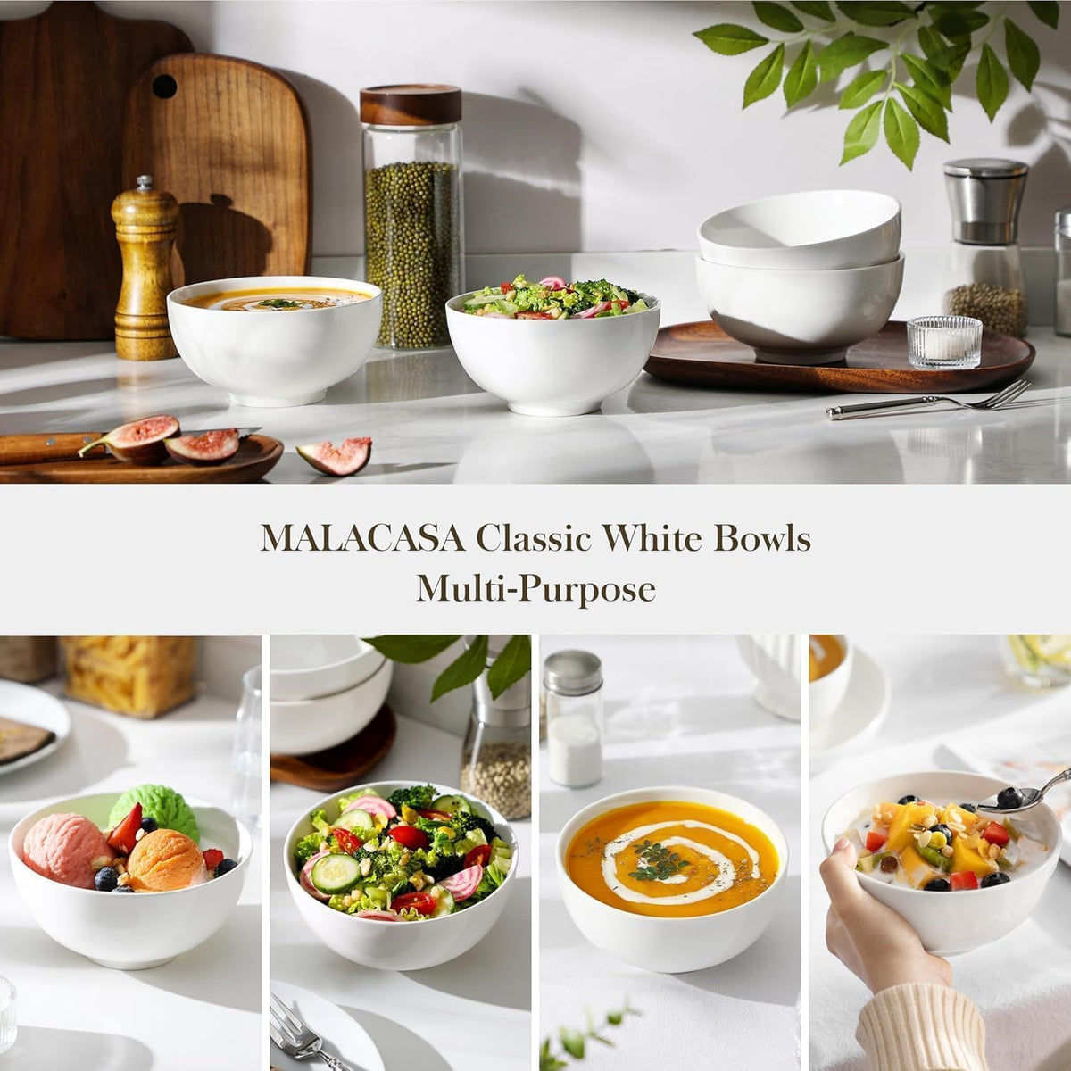 MALACASA 26 Oz White Ceramic Soup Bowls of 4, Cereal Bowls for Kitchen