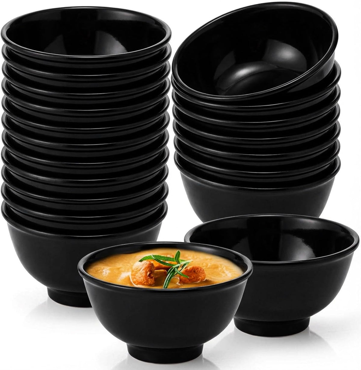 Tioncy 20 Pack 10 oz Melamine Bowls Black Round for Dessert Soup Cereal