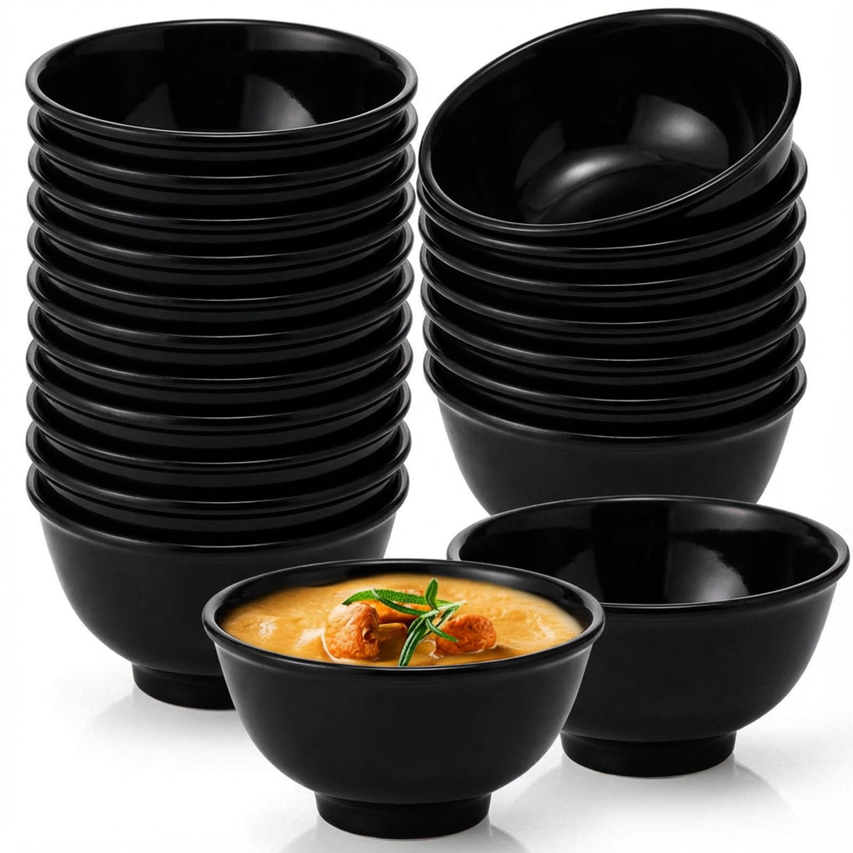 Tioncy 20 Pack 10 oz Melamine Bowls Black Round for Dessert Soup Cereal