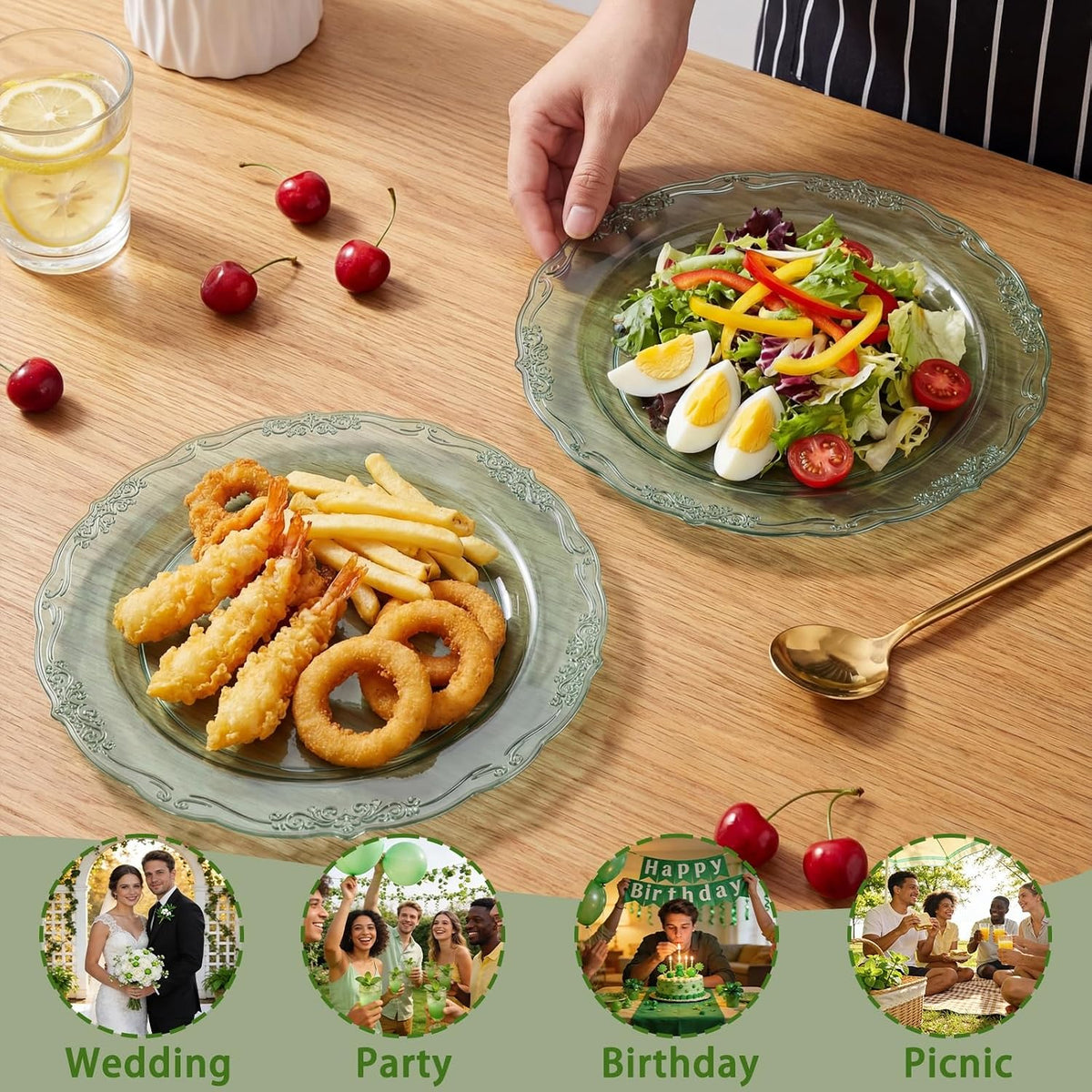 Tinybee 60PCS Clear Green Plastic Plates,Green Plates Disposable Heavy Duty