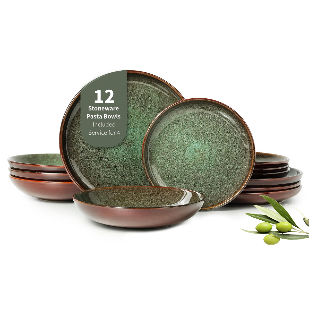 Pokini Stoneware Dinnerware Sets for 4, 12pcs Plates and Bowls Sets Dishes