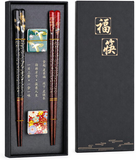 Antner 2 Pairs Reusable Wooden Chopsticks with 2PCS Ceramic Rests Set, 9in