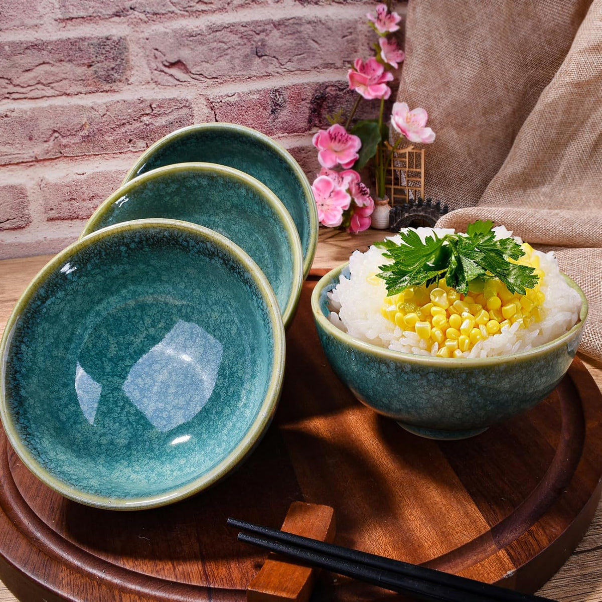 Porcelain Rice Bowl Set of 4, 4.5'' Green Reactive Glaze Sushi Bowls