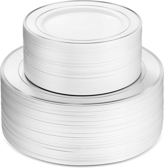 100 Silver Rim White Plastic Plates Set, 10 Inch 7 Inch Combo Pack 50 Each