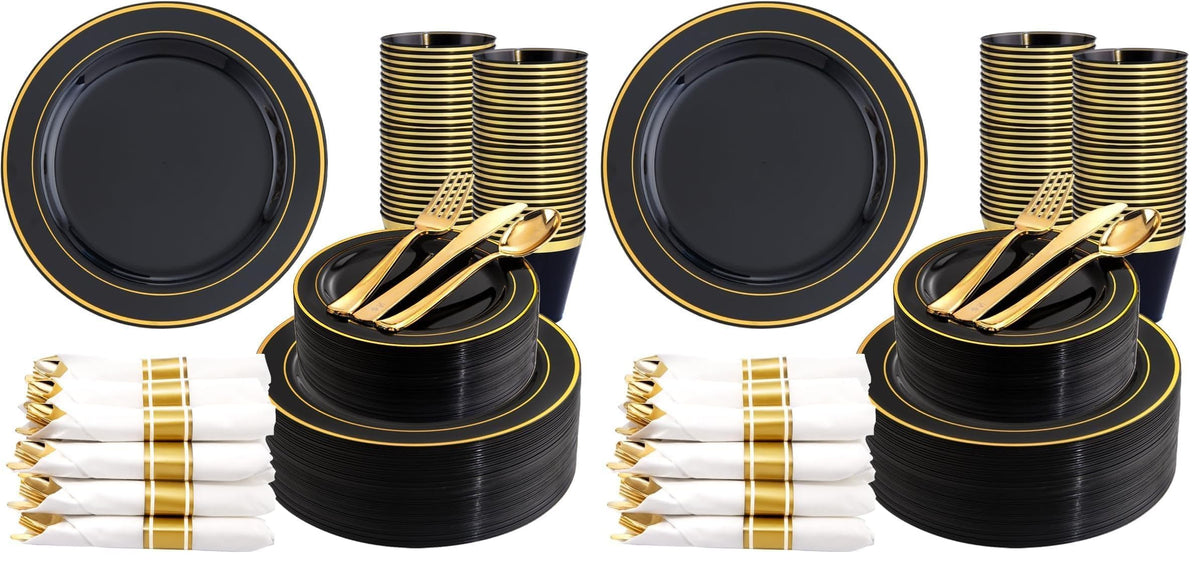 WDF Partyware 350Piece Gold Dinnerware Set for 50 Guests - Gold Plastic Plates with Disposable Cutlery - 50Dinner Plates-50Dessert Plates-50Pre Rolled Napkins with Silverware for Wedding/Birthday