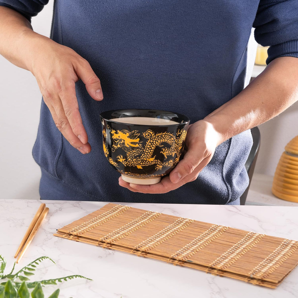 Urban Tokyo Handpainted Ceramic Glazed Japanese Ramen Udon Noodle Rice Bowl With Chopsticks 20 fl oz 5 inch Diameter Bowl Sets Color Box Packaging (Oriental Dragon Black)
