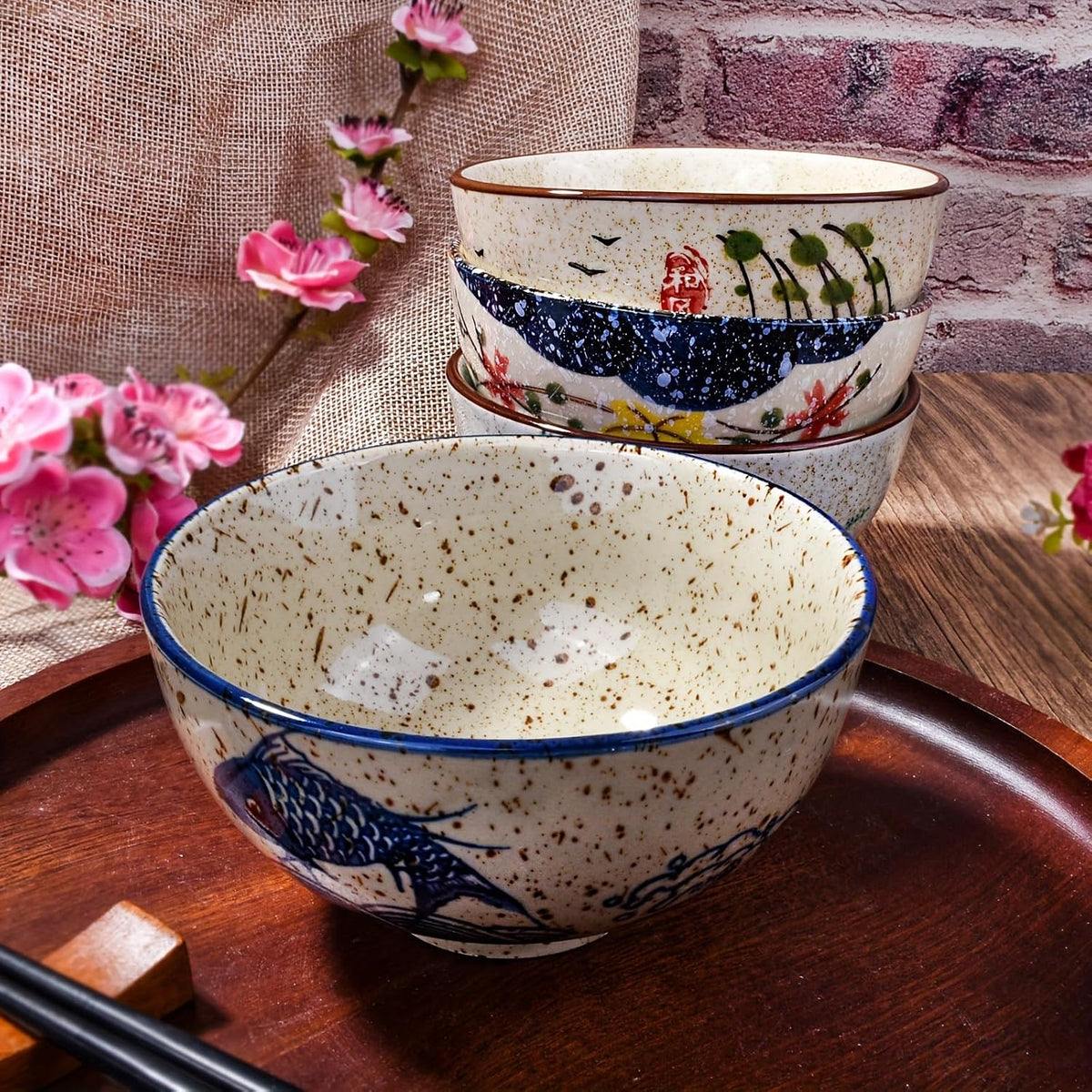 Japanese Retro Rice Bowl Set of 4, 4.5 Inch