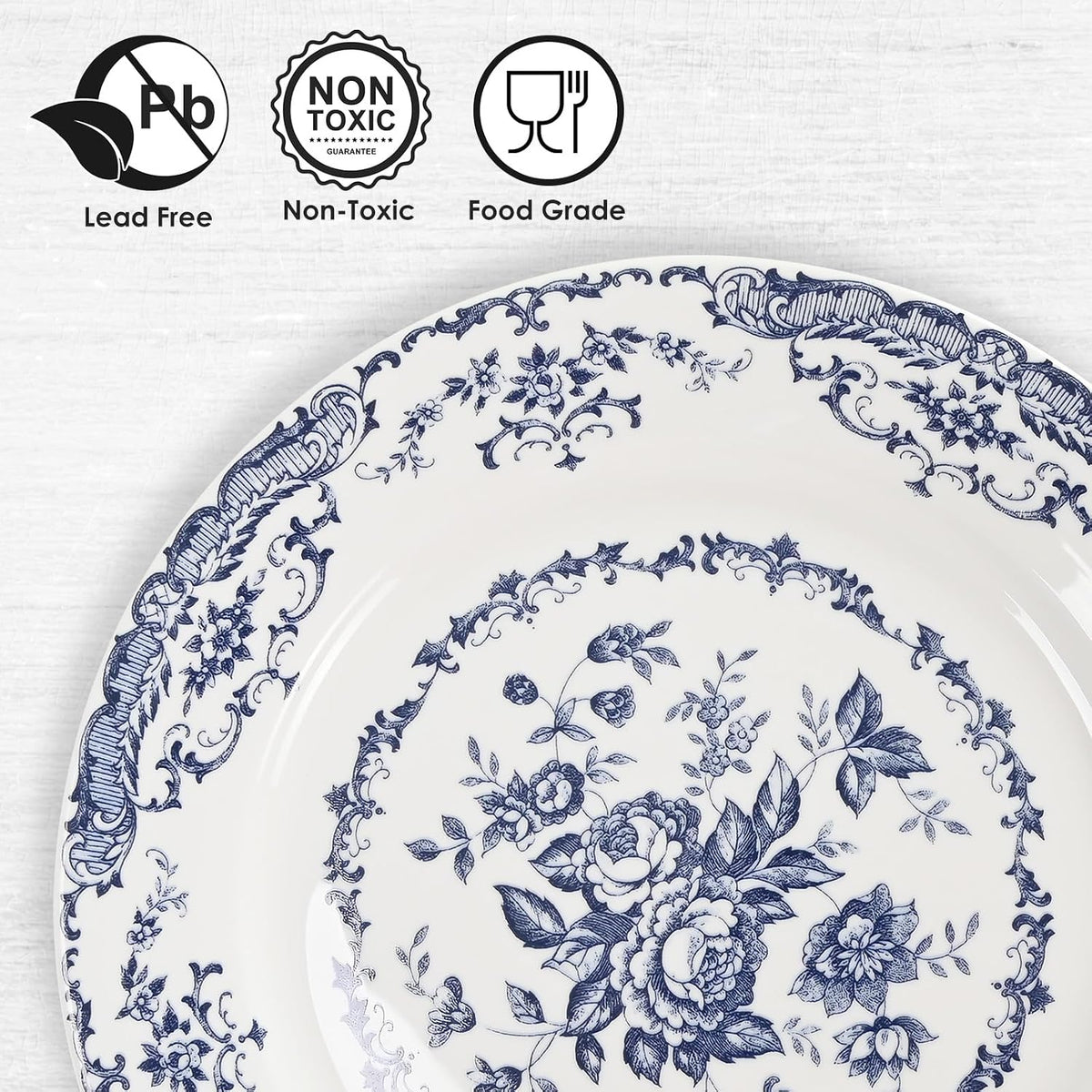 Dinner Plates Set of 6, 10.5 inch Blue Rose Floral Plate