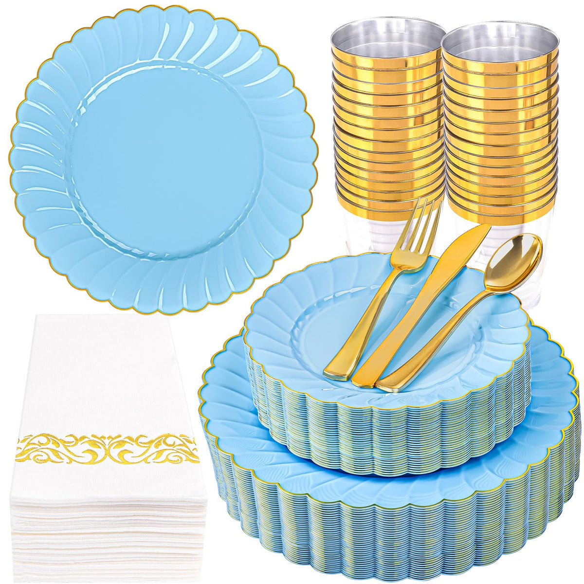YOUBET 350PCS Ivory Scalloped Plastic Plates for Wedding Party