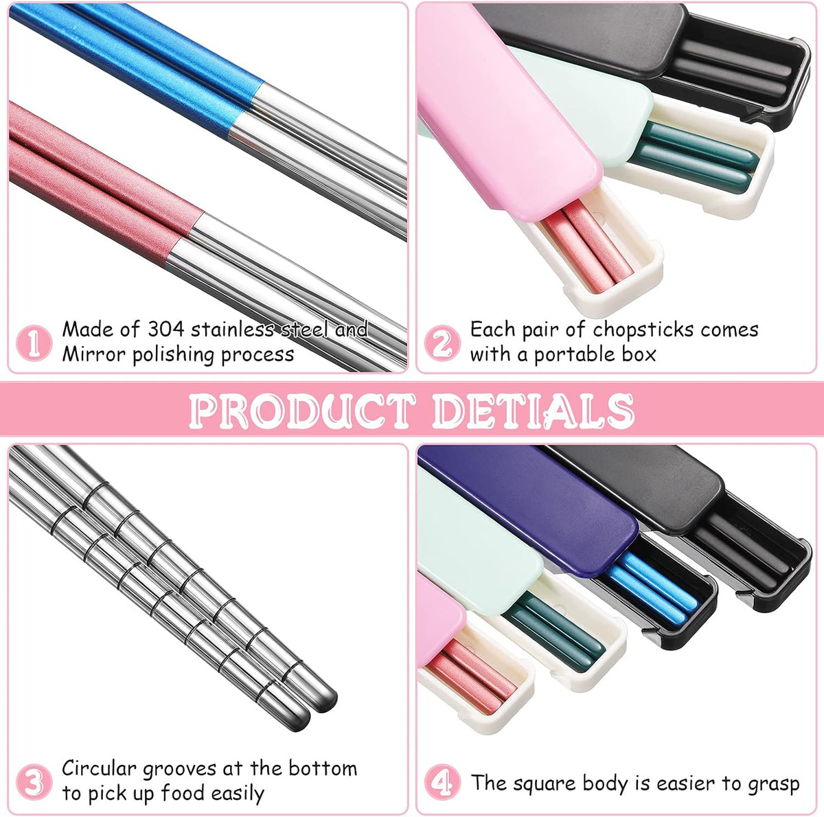 4 Pairs Portable Travel Chopsticks with Case Metal Chopsticks Utensil Set