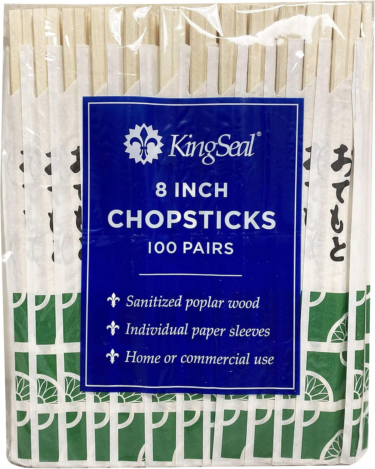 200 Count | KingSeal 8 Inch Natural Poplar Disposable Wood Chopsticks, Paper Sleeve, Waribashi, Bulk Pack - 2 Packs x 100 Pairs