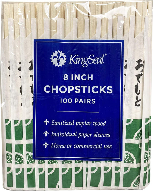 200 Count | KingSeal 8 Inch Natural Poplar Disposable Wood Chopsticks, Paper Sleeve, Waribashi, Bulk Pack - 2 Packs x 100 Pairs