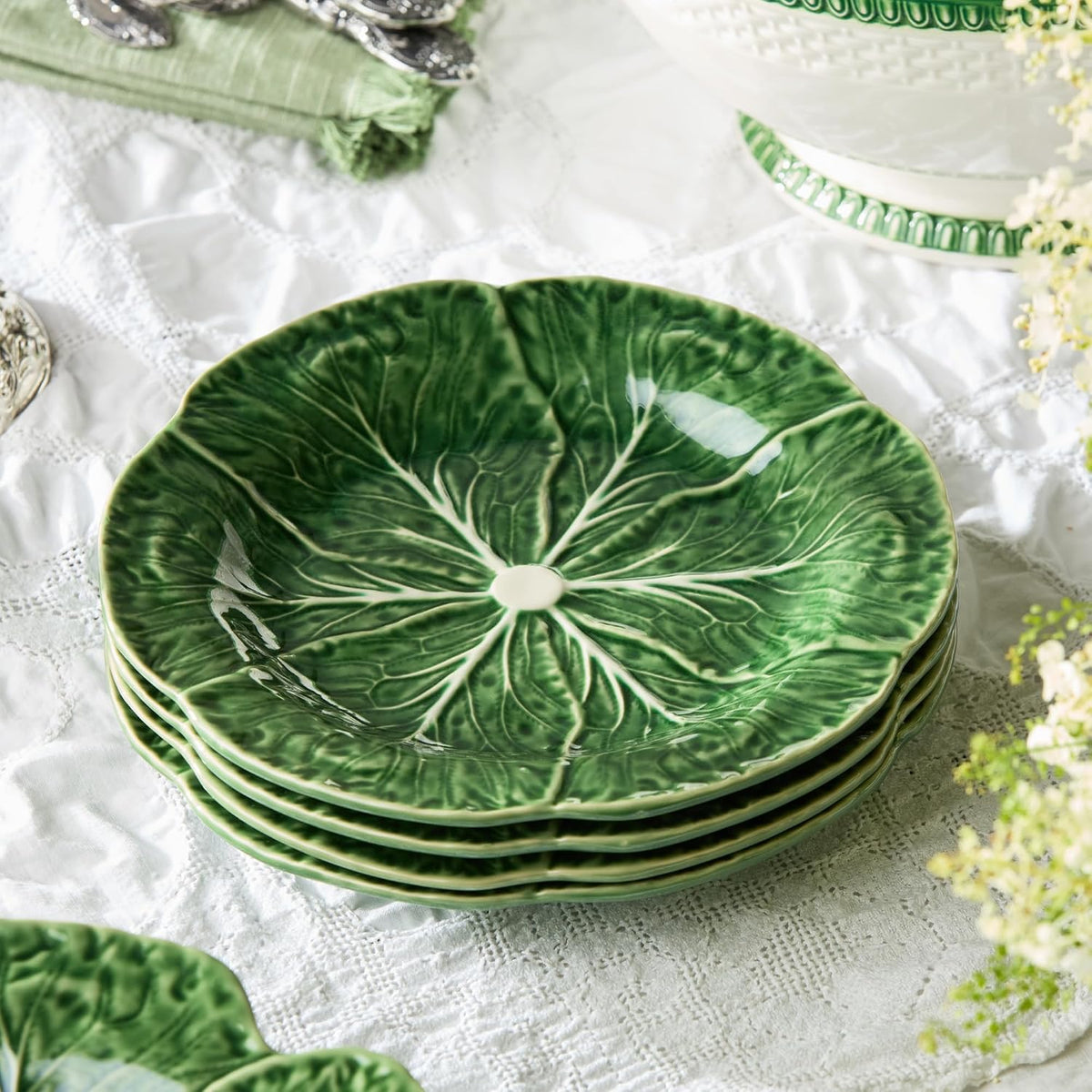 Le Jardin Green Cabbage Plates 3D SALAD/DESSERT PLATES, SET OF FOUR - 9" Sculpted Green Stoneware Leaf Plates – Seasonal Spring & Summer Tableware for Fresh, Nature-Inspired Dining
