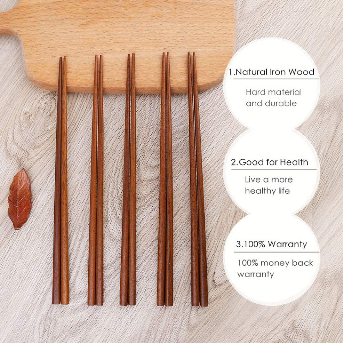 Wooden Chopsticks Reusable Dishwasher Safe Iron Wood 10 Pairs
