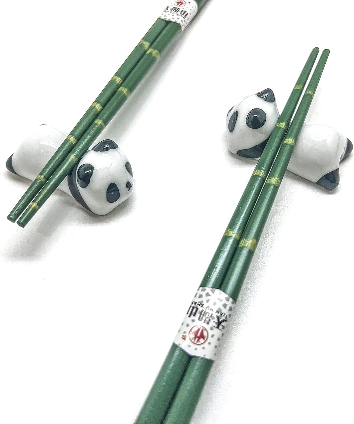 Wooden Chopsticks Reusable 5 Pairs Gift Set with 5pcs porcelain rest Panda and Green Bamboo Design Hand-Made 8.8 Inch/22.5cm