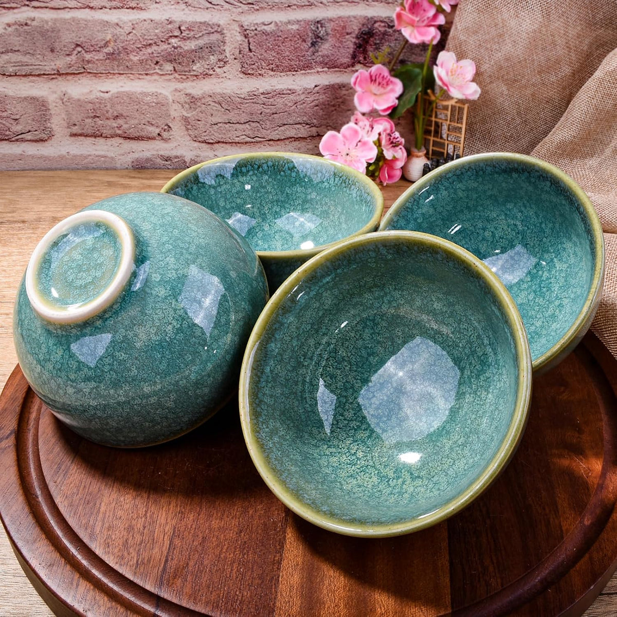 Porcelain Rice Bowl Set of 4, 4.5'' Green Reactive Glaze Sushi Bowls