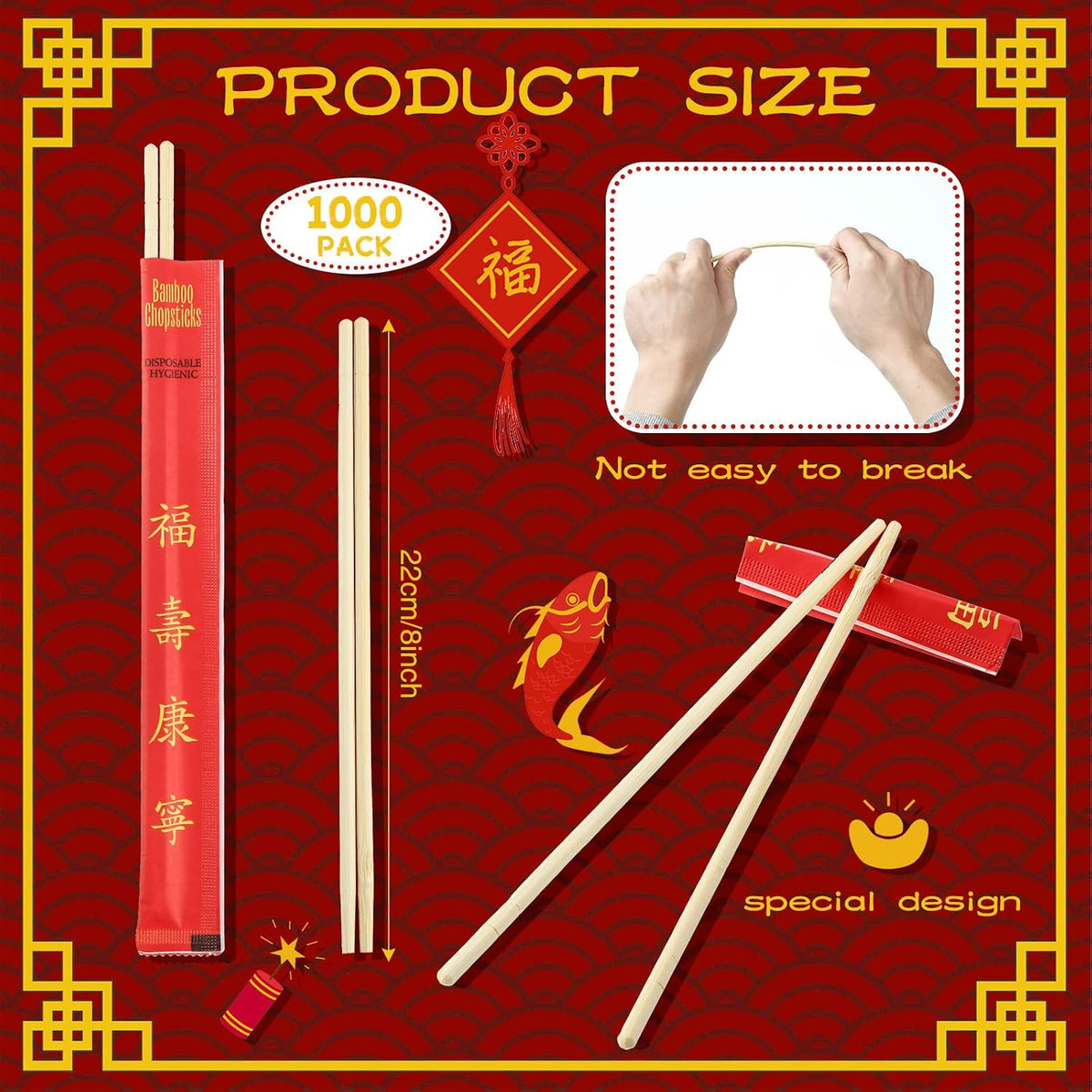 Sabary 1000 Pairs Disposable Bamboo Chopsticks Sleeved Separated,Joyous