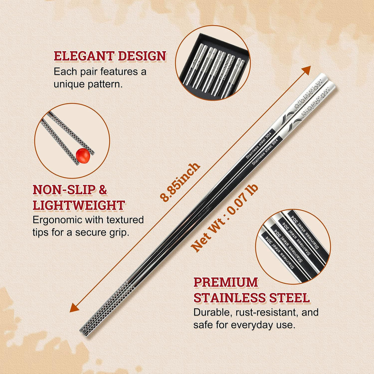52USA Stainless Steel Chopsticks Gift Box, 5 Pairs – Reusable, Dishwasher Safe, Non-Slip Design, Ideal for Sushi, Noodles, and Everyday Dining