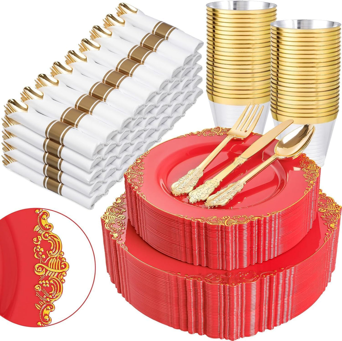 Nervure 350Pcs Gold Plastic Plates, Disposable Dinnerware Set for 50 Guests
