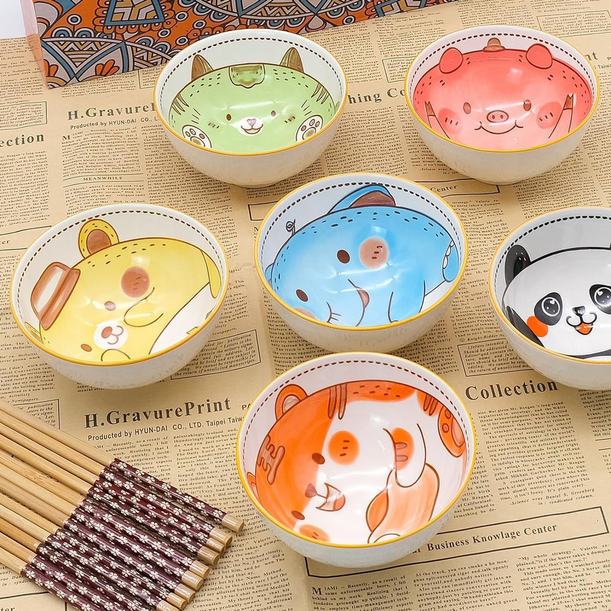 6 PCS Ceramic Rice Bowls, Cute Cartoon Small Dessert Bowl, Cereal Bowls Serving Bowl Gift Set, for Oatmeal, Ice Cream, Salads, Soups