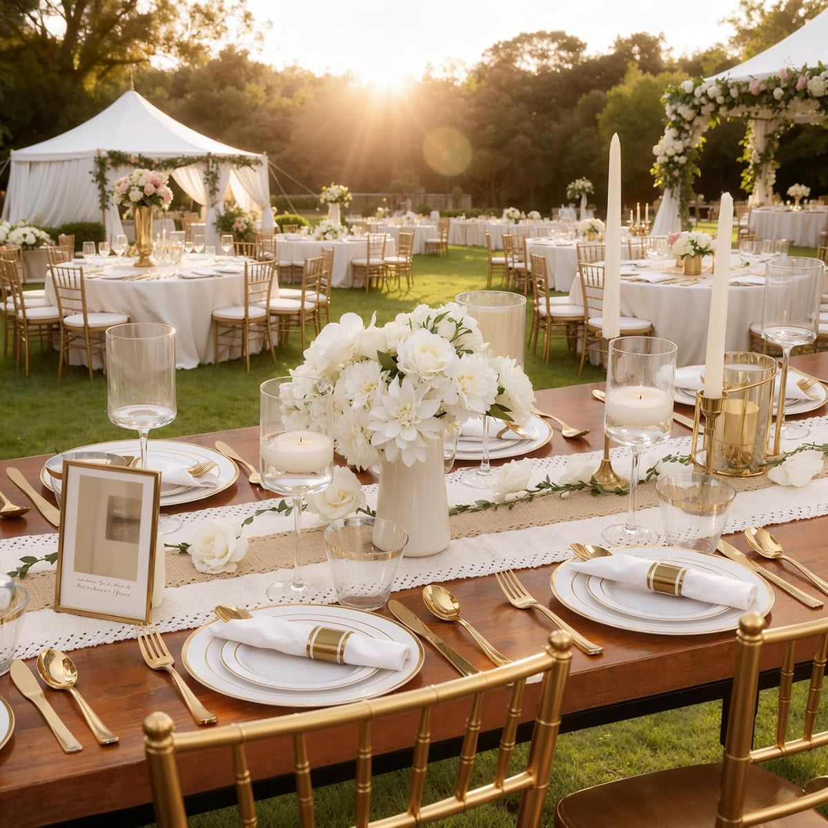WDF Partyware 350Piece Gold Dinnerware Set for 50 Guests - Gold Plastic Plates with Disposable Cutlery - 50Dinner Plates-50Dessert Plates-50Pre Rolled Napkins with Silverware for Wedding/Birthday
