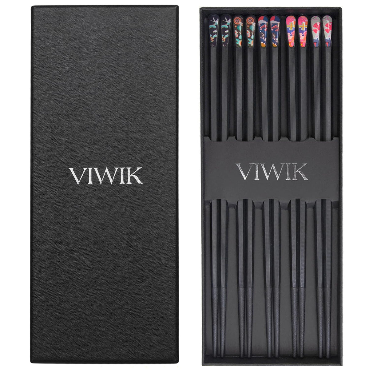 VIWIK 5 Pairs Premium Reusable Chopsticks, Anti-Slip Fiberglass Chop Sticks, Food-Grade Dishwasher Safe Heat-Resistant Durable Utensils for Sushi Japanese Korean Chopstick Gift Set 9.5 Inch