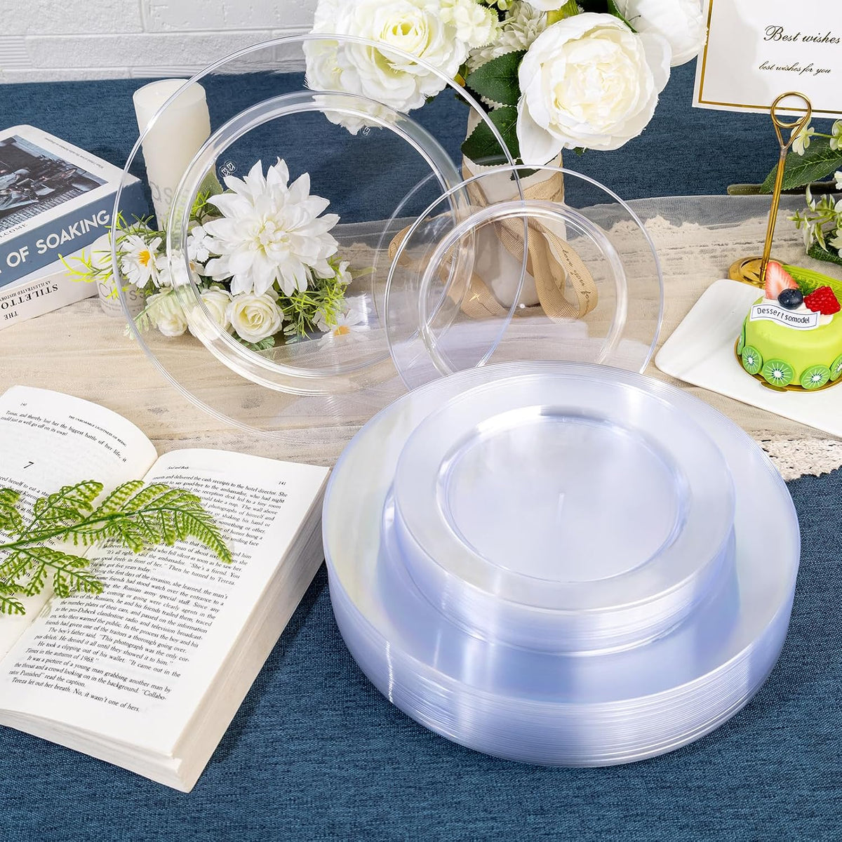 FLOWERCAT 200PCS Clear Plastic Plates Disposable Plates for Party - Clear Bulk Plastic Plates - 100 10" Dinner Plates and 100 7" Salad Plates for Weddings, New Year,Christmas Parties and Events