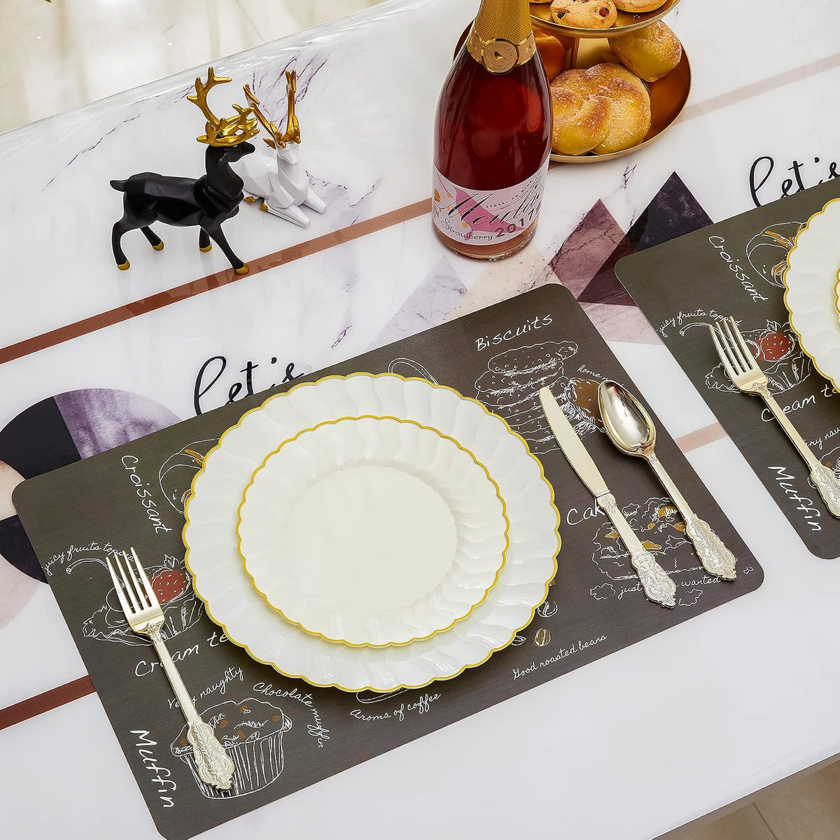 Lullaby 60PCS Ivory Scalloped Plastic Plate with Gold Rim for Party Wedding