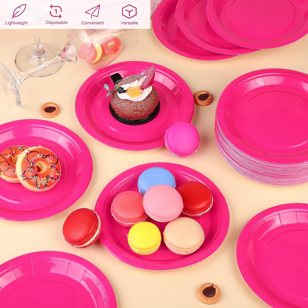 Breroa 72 Pcs Hot Pink Paper Plates 7 Inch Bulk Hot Pink Plates Disposable