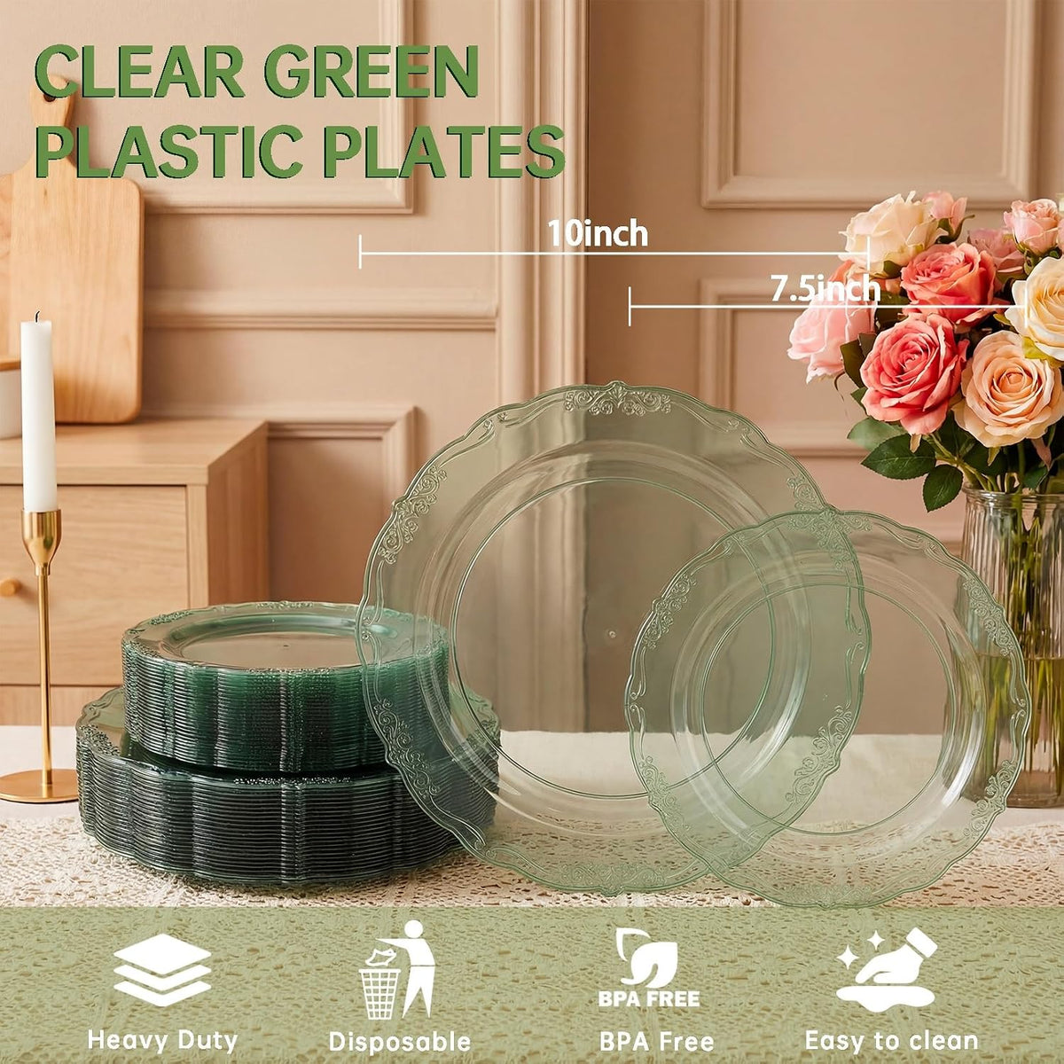 Tinybee 60PCS Clear Green Plastic Plates,Green Plates Disposable Heavy Duty