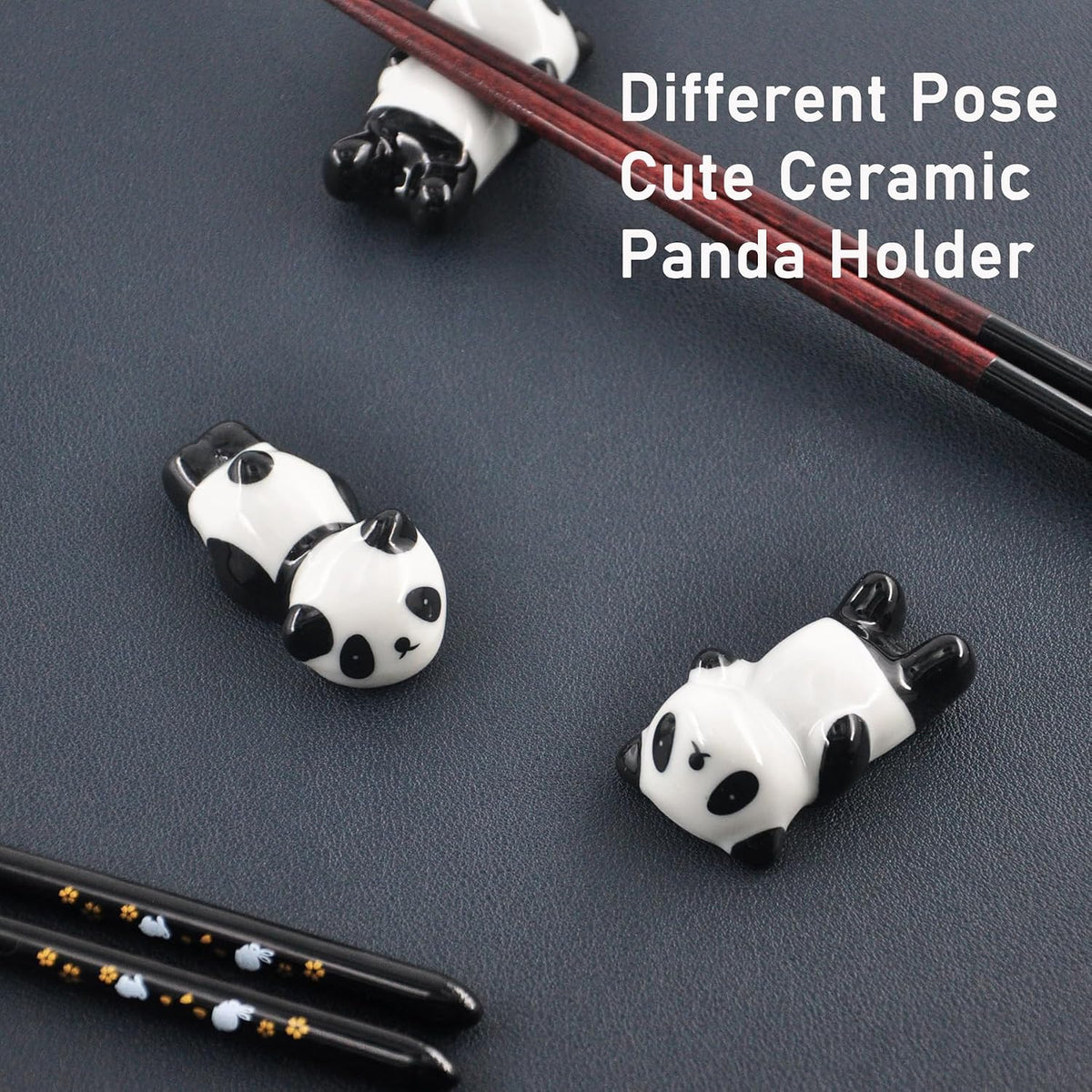 Wooden Japanese Chopsticks Reusable with Ceramic Panda Holders 2 Pair
