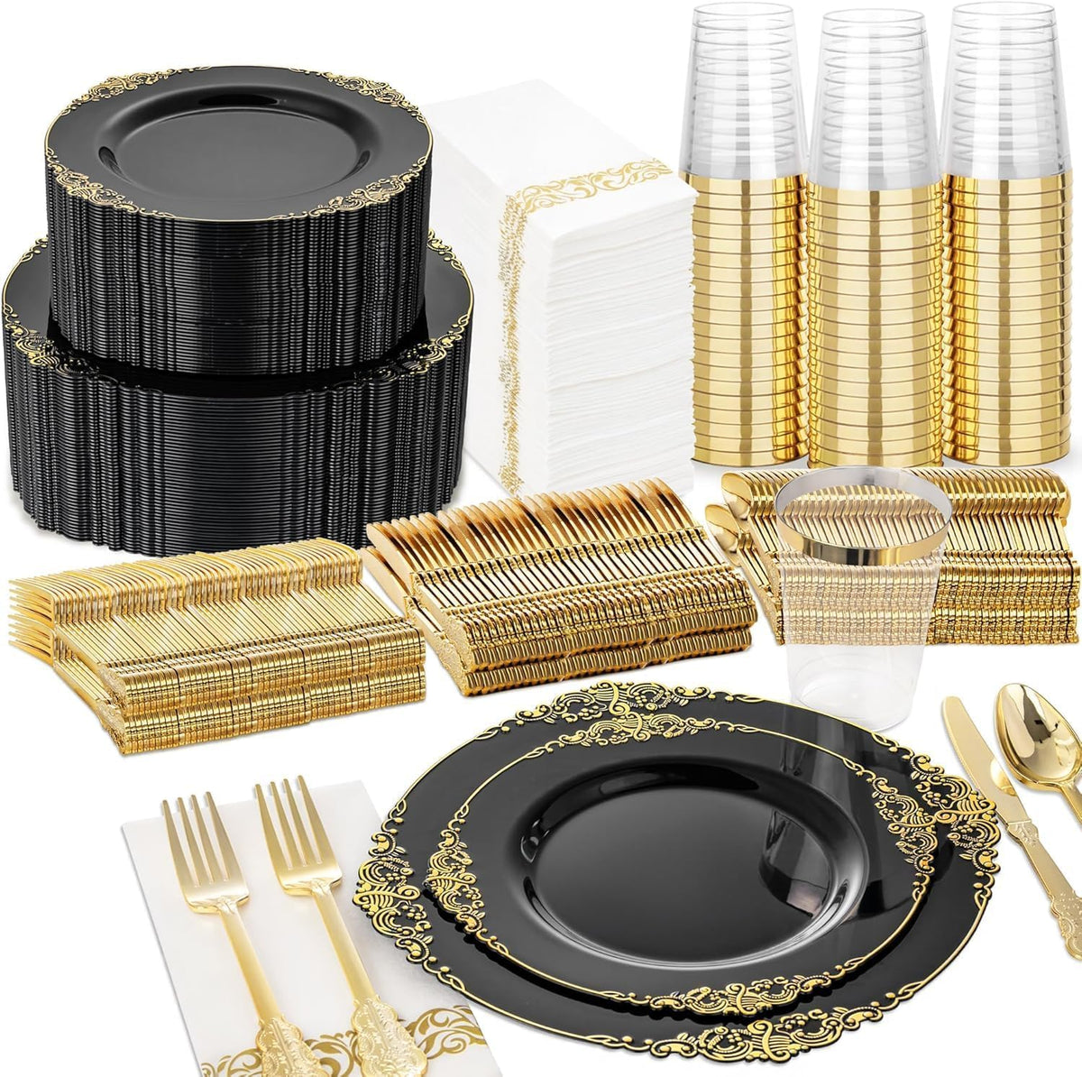 Nervure 350Pcs Gold Plastic Plates, Disposable Dinnerware Set for 50 Guests