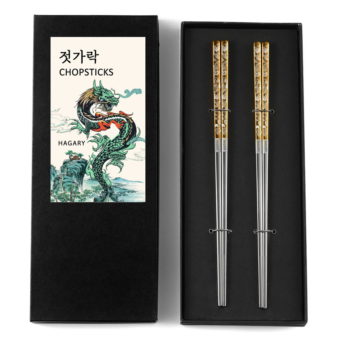 Hagary Dragon Chopsticks Metal Reusable Designed In Korea Japanese Style Stainless Steel 316 18/10 Non-Slip Dishwasher Safe Laser Etched (Gold - 5 Pairs)