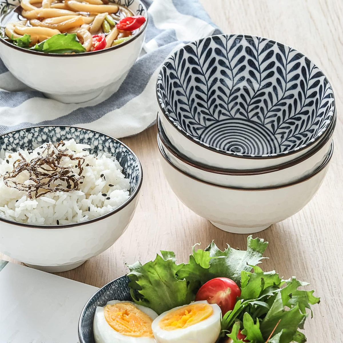 Japanese Style Ceramic Rice Bowls,10 Ounces Small Salad,Soup,Ice Cream Snack Dip Bowl Set of 6,Blue and White Floral Microwave Safe for Kitchen (4.5 inch)