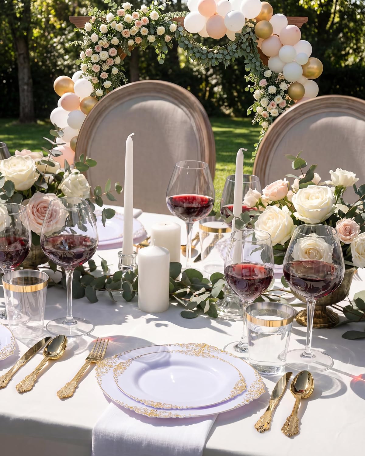 Nervure 200Pcs White Gold Plastic Plates, Disposable Plates for 100 Guests