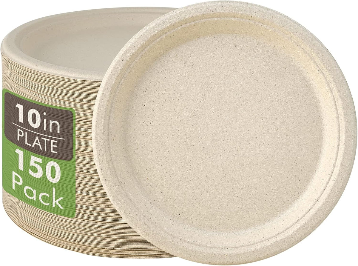 Vplus 150 Pack Compostable Bagasse Paper Plates 10.25 inch, Nature