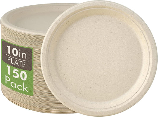 Vplus 150 Pack Compostable Bagasse Paper Plates 10.25 inch, Nature